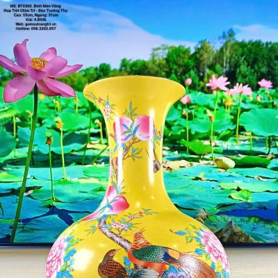 bình men vàng, bình hoạ tiết chim trĩ đào trường thọ, bình hoa trung quốc